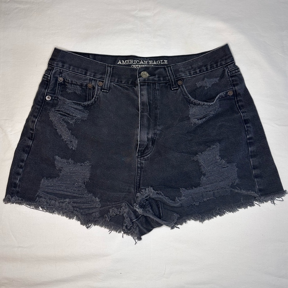 AEO Distressed Black Rocker High Waisted Denim Shorts